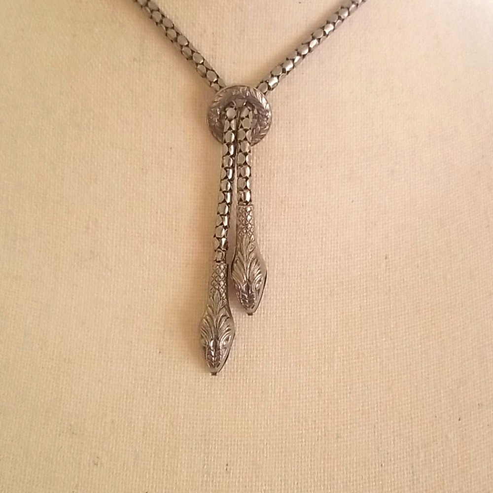 Silver metal two headed snake necklace
